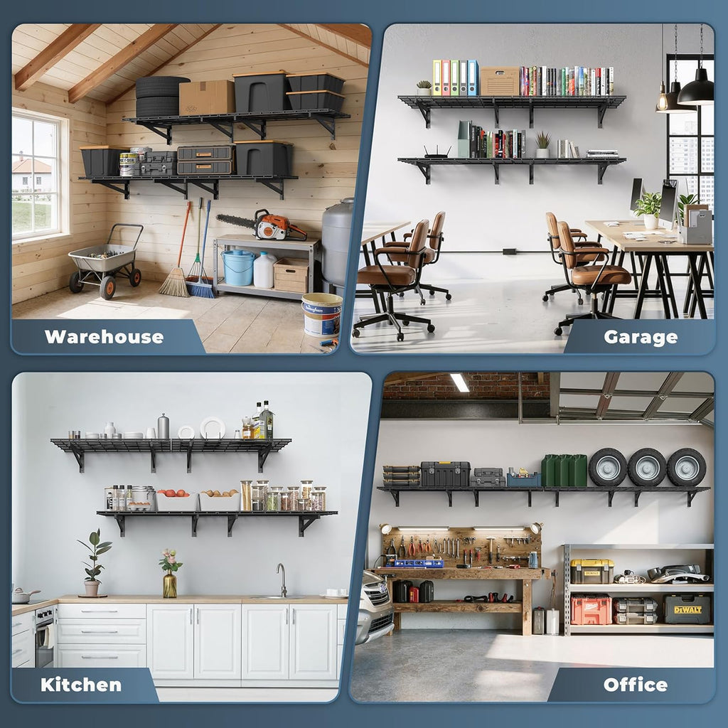 4 Pack Heavy Duty Garage Wall Shelving Set (2x3ft), Wall Mounted Garage Shelves 1400lbs Capacity, 24"x72" Shelf