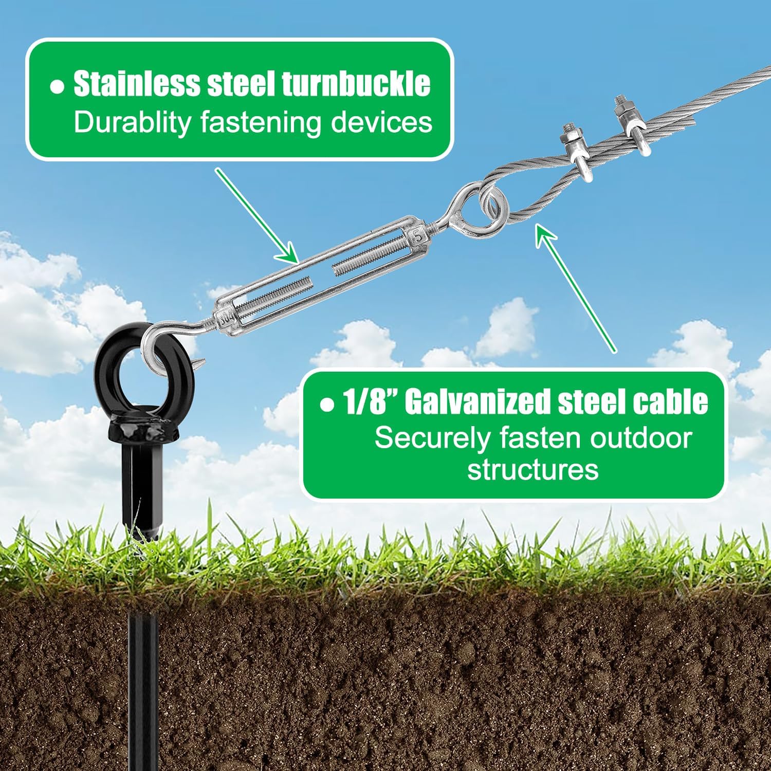 ‌L-KHYFU 4 Pack 18" Ground Anchors & Shed Anchor Kit with 1/8" Galvanized Cable & Turnbuckles, Heavy Duty Earth