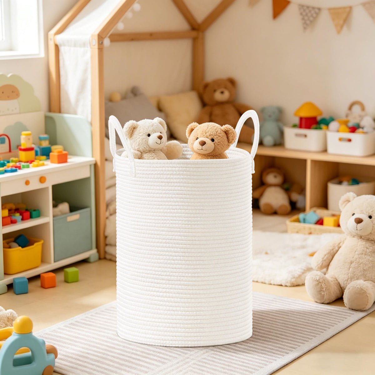 58L Tall Cotton Rope Laundry Basket with Handles, White