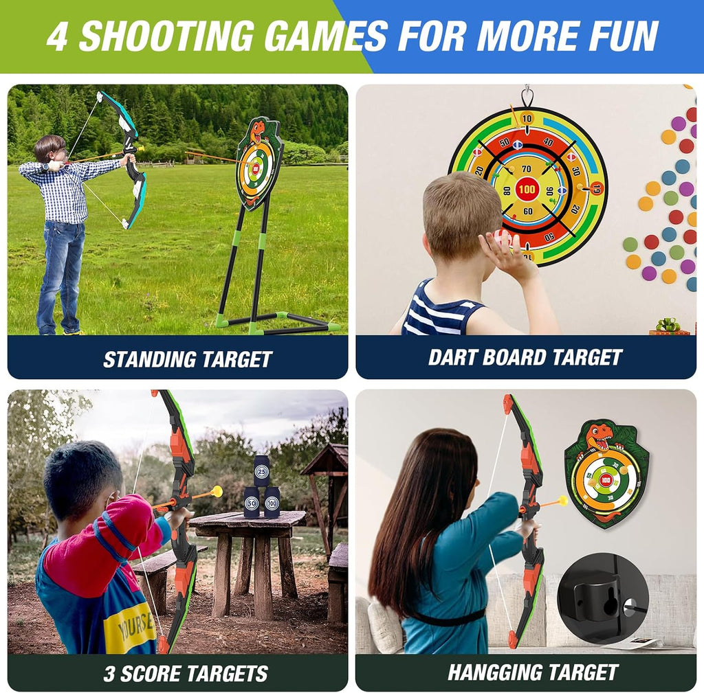 2 Pack Kids Bow and Arrow with 29" Large Dart Board & Dinosaur Target | Light Up Archery Set with 24 Suction Cup