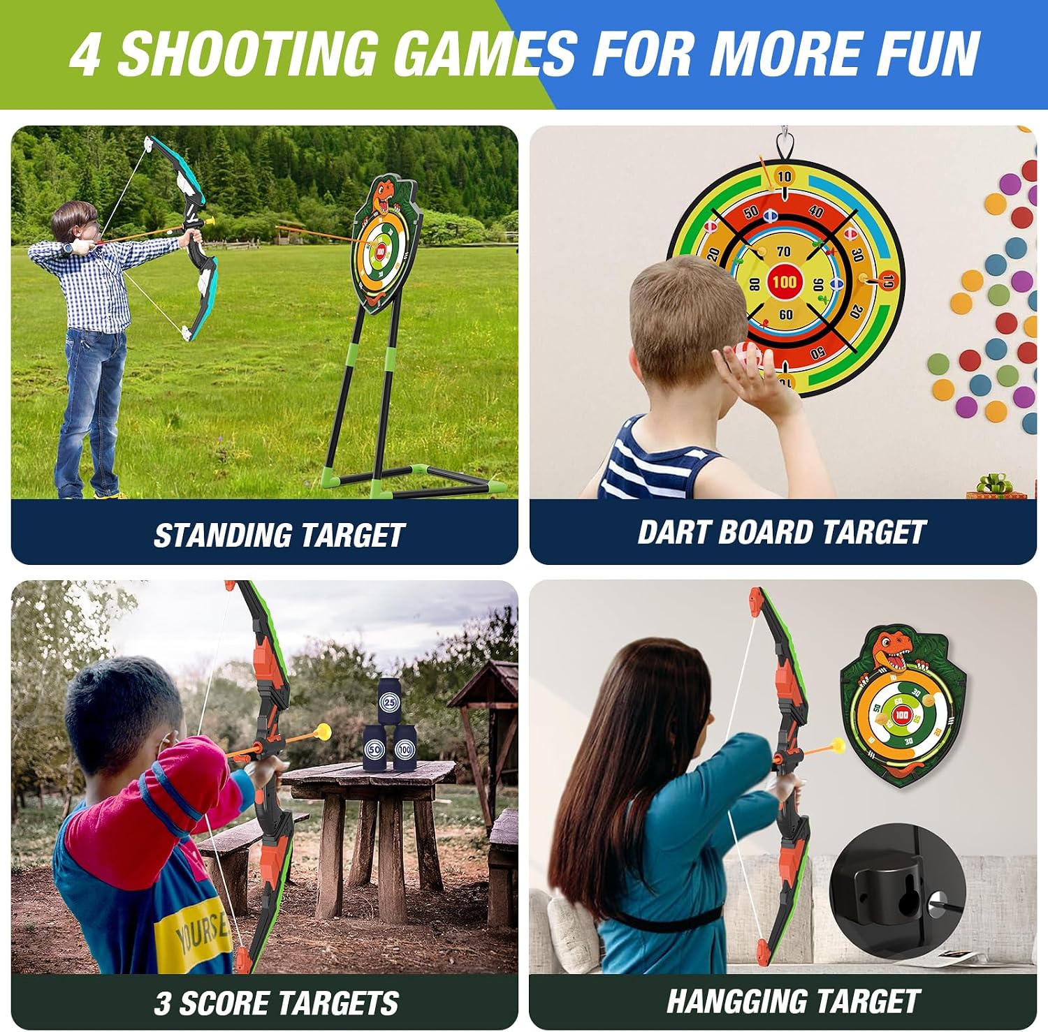 2 Pack Kids Bow and Arrow with 29" Large Dart Board & Dinosaur Target | Light Up Archery Set with 24 Suction Cup
