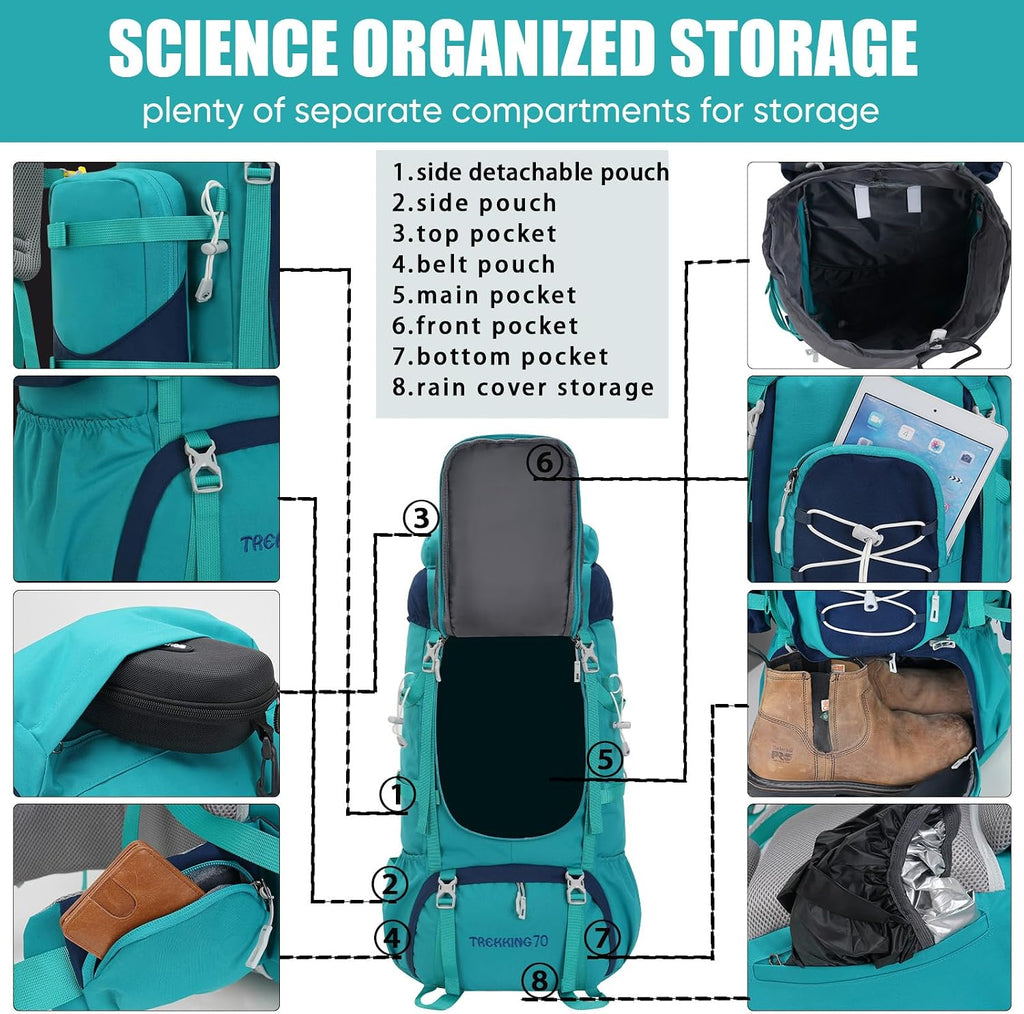 70L (65+5) Waterproof Hiking Camping Backpack with Rain Cover, Outdoor Sport Travel Daypack for Climbing Touring