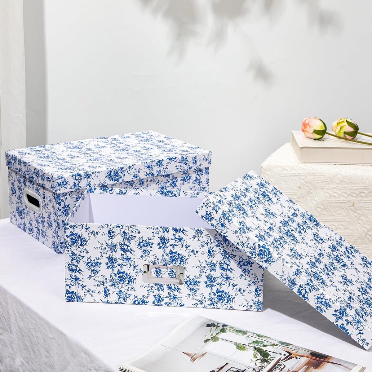 Set of 2 Blue and White Porcelain-Style Storage Boxes with Lids – Elegant Floral Nesting Organizer Bins, 14'' + 13''