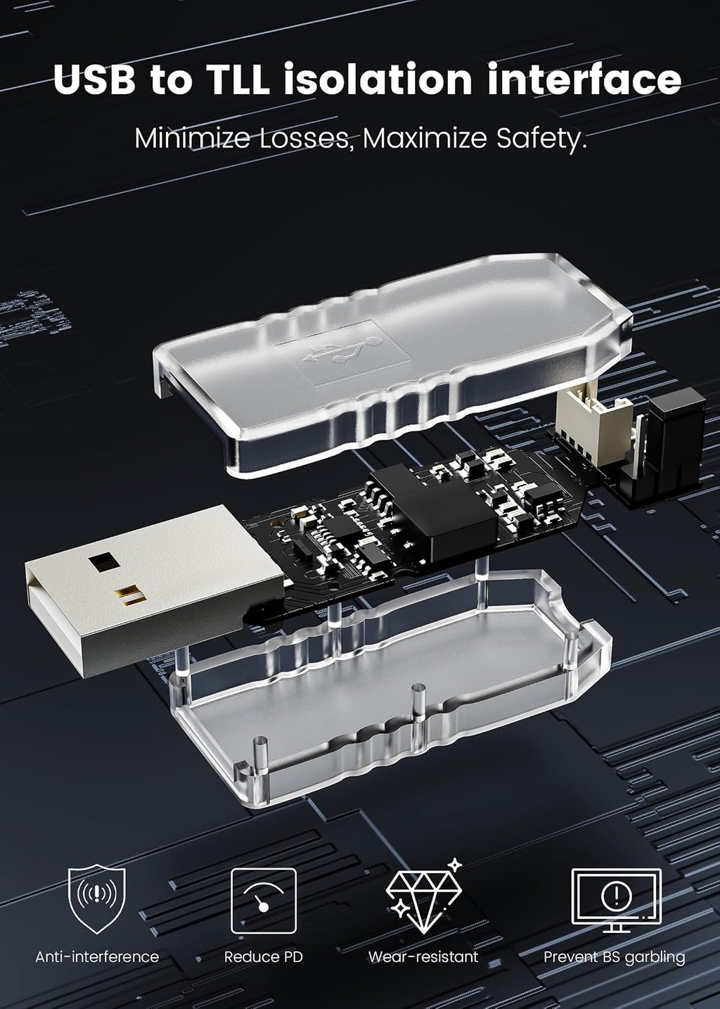 FOINNEX USB to TTL UART Adapter，Serial Converter with CH340E Support 5V 3.3V TTL, Galvanic Isolation for ESP32 Arduino Raspberry Pi STM32, Protects PC & Laptop Against Electrical Surge