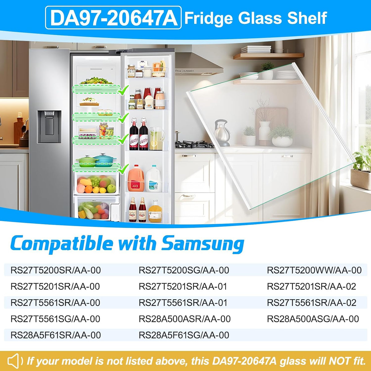 UPGRADED DA97-20647A RS27T5200SR Refrigerator Glass Shelf Compatible with Samsung Refrigerator Shelf Replacement Parts AP6995361 RS27T5561SR RS27T5201SR Samsung Fridge Glass Shelves Assembly, Upper