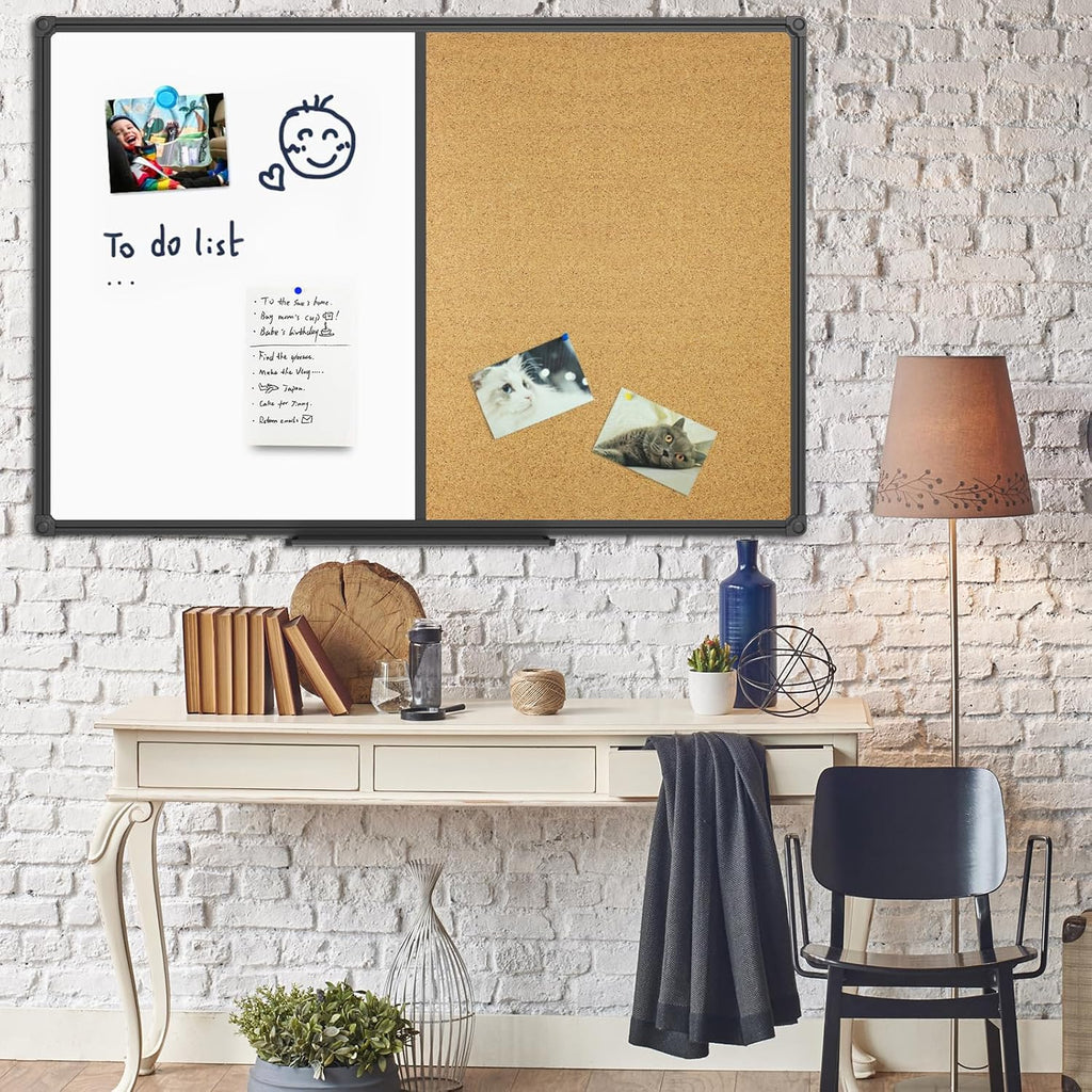 White Board & Bulletin Corkboard Combination, Combo Board 48 x 36 Magnetic Whiteboard, Black Aluminum Frame Wall