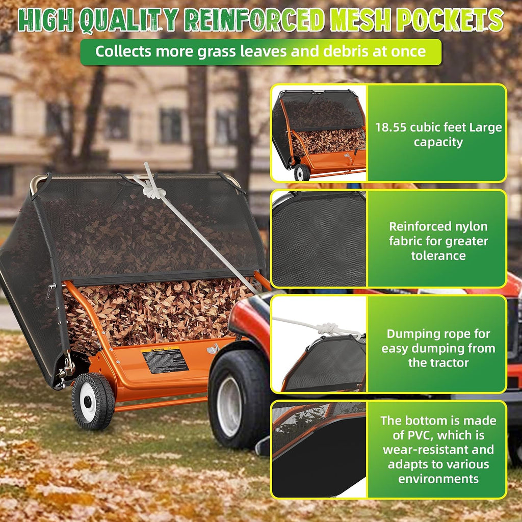 42" Lawn Sweeper Tow Behind, Leaf and Grass Collector, 18.55 Cu. Ft. Hopper