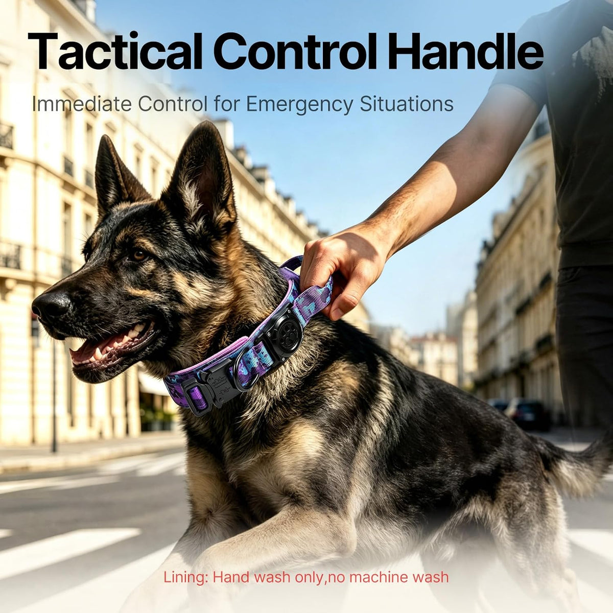 IP68 Waterproof Tactical Airtag Dog Collar with Handle,Purple Camo,L