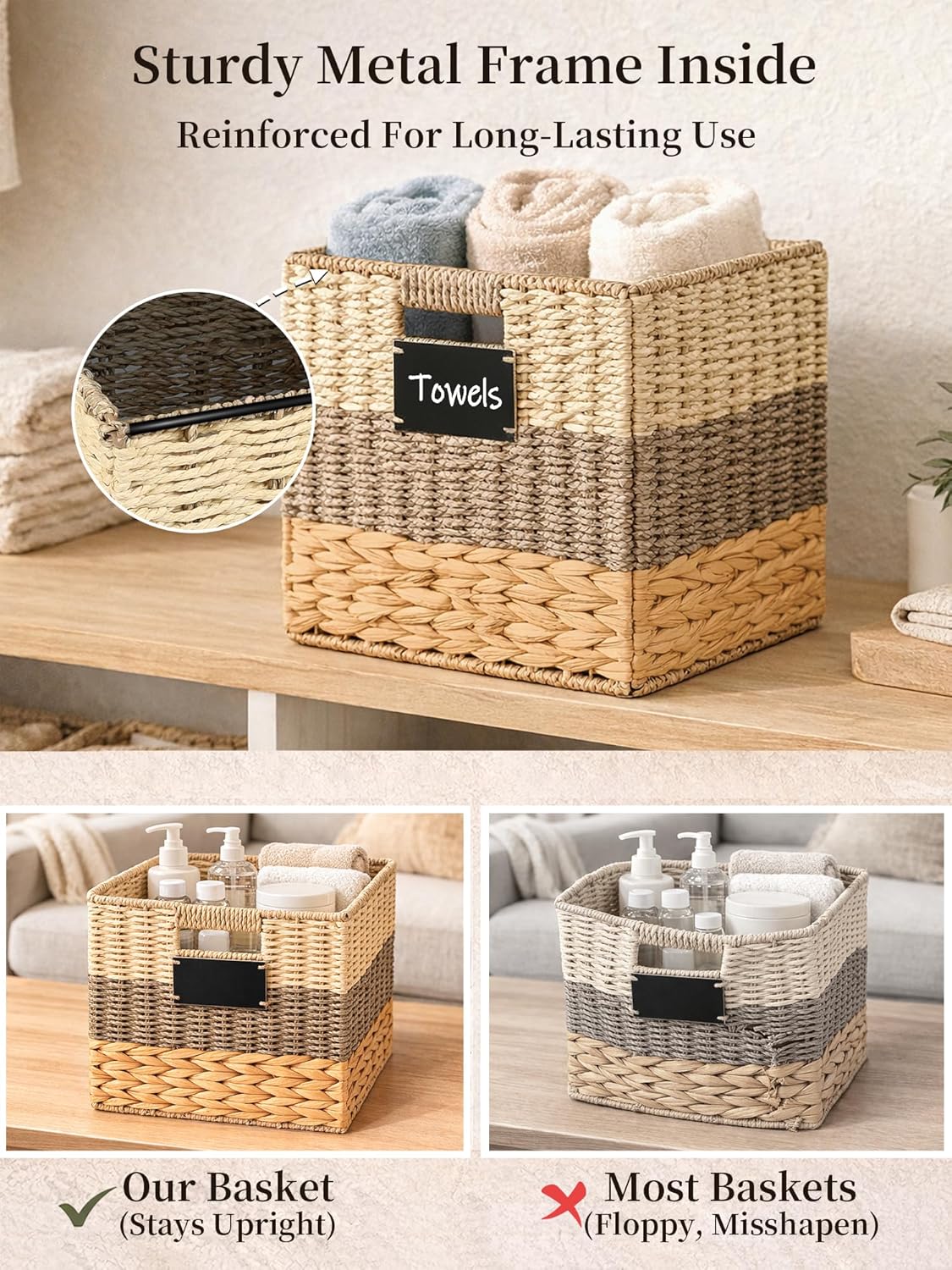 Storage Basket, 10.5x10.5x10.5 Inch Storage Cubes, Water Hyacinth Wicker Basket for Storage, Handmade Woven Baskets