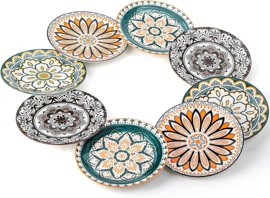 8 Pieces Salad Plates, 8.5 Inch Porcelain Floral Dessert Plates, Colorful Round Lunch Plate Sets for Appetizer Salad