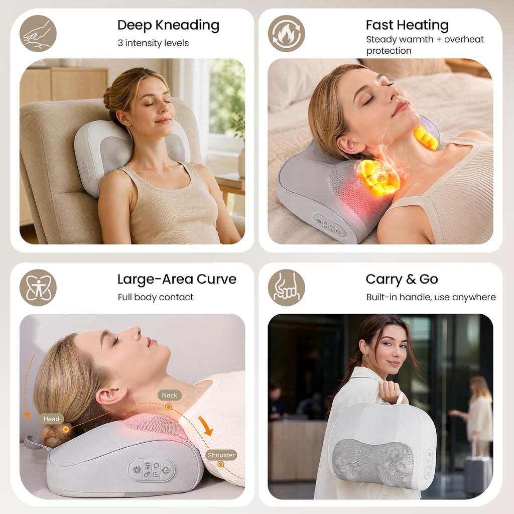 Multi-Functional Neck and Back Massager with Heat, Rechargeable Massager Pillow with 3D Kneading Deep Tissue