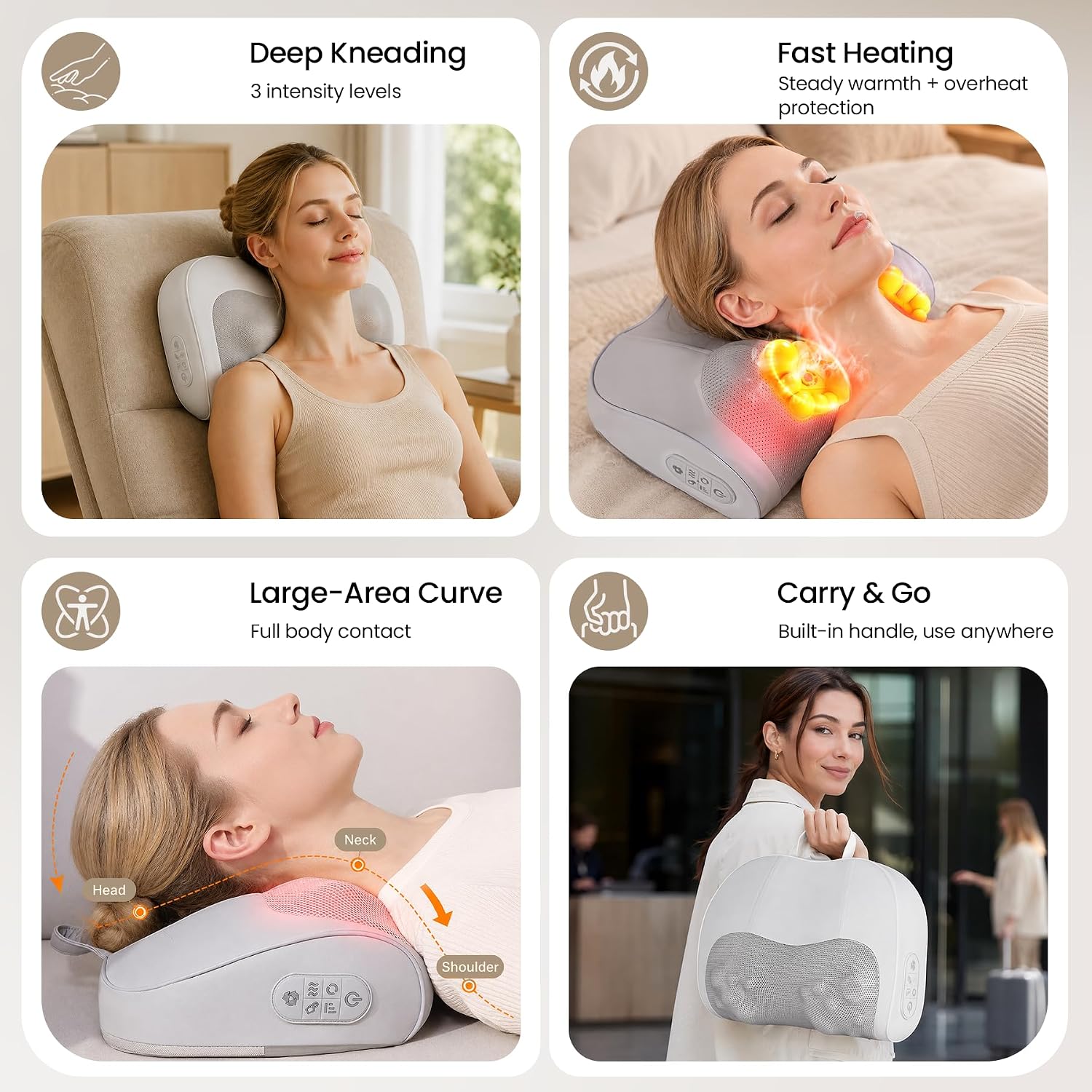 Multi-Functional Neck and Back Massager with Heat, Rechargeable Massager Pillow with 3D Kneading Deep Tissue
