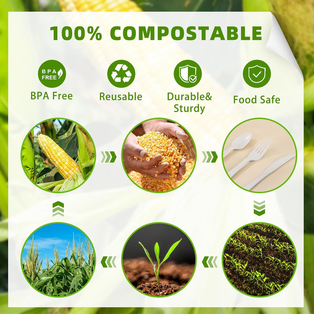 300 Count Compostable Utensils, No Plastic Cutlery Disposable 100 Forks 100 Spoons 100 Knives, White Compostable