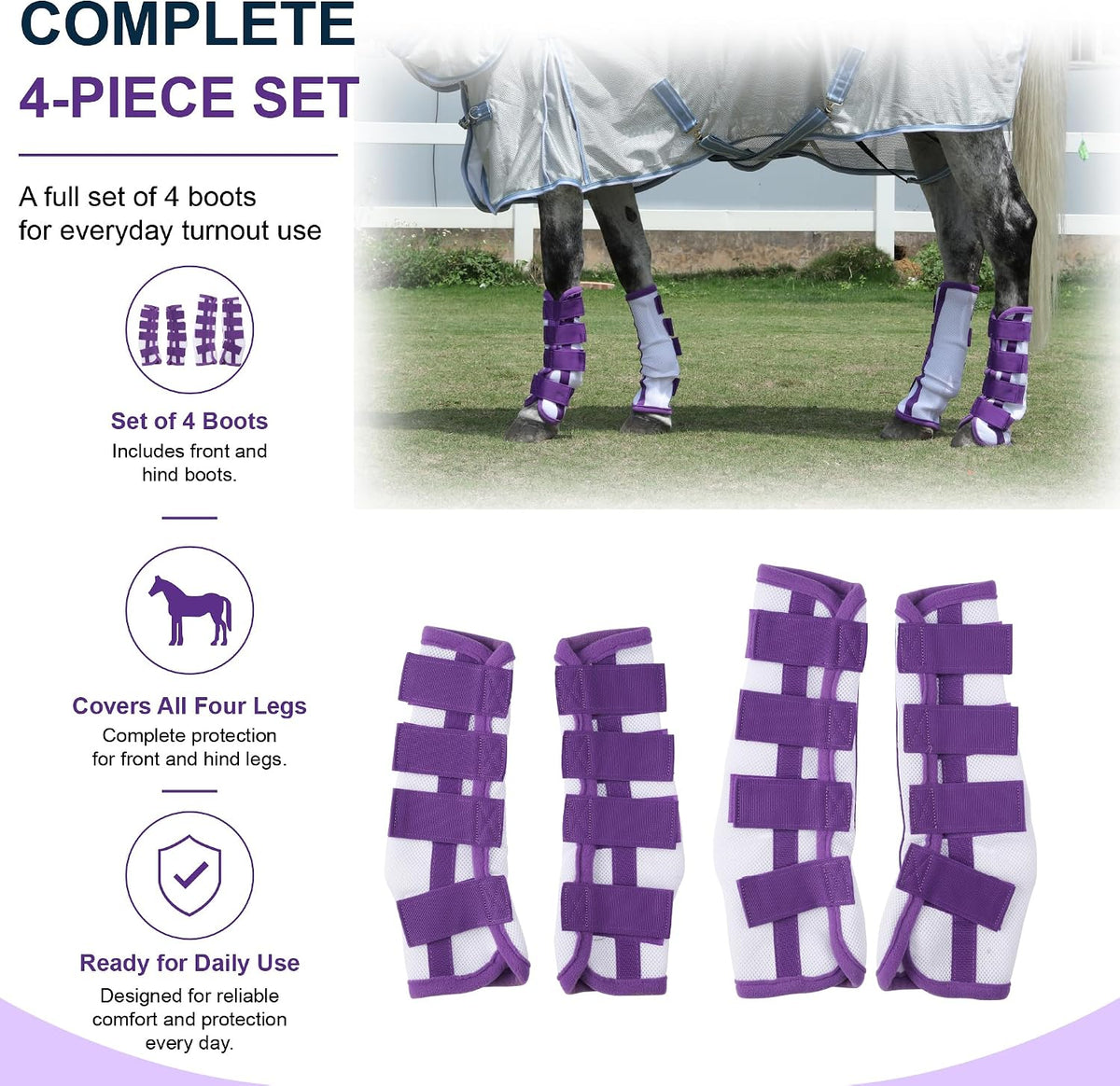 Horse Fly Boots Set of 4 - No-Rub Airflow Mesh Leggings to Reduce Stomping - Stay-on Breathable Horse Leg Wraps for