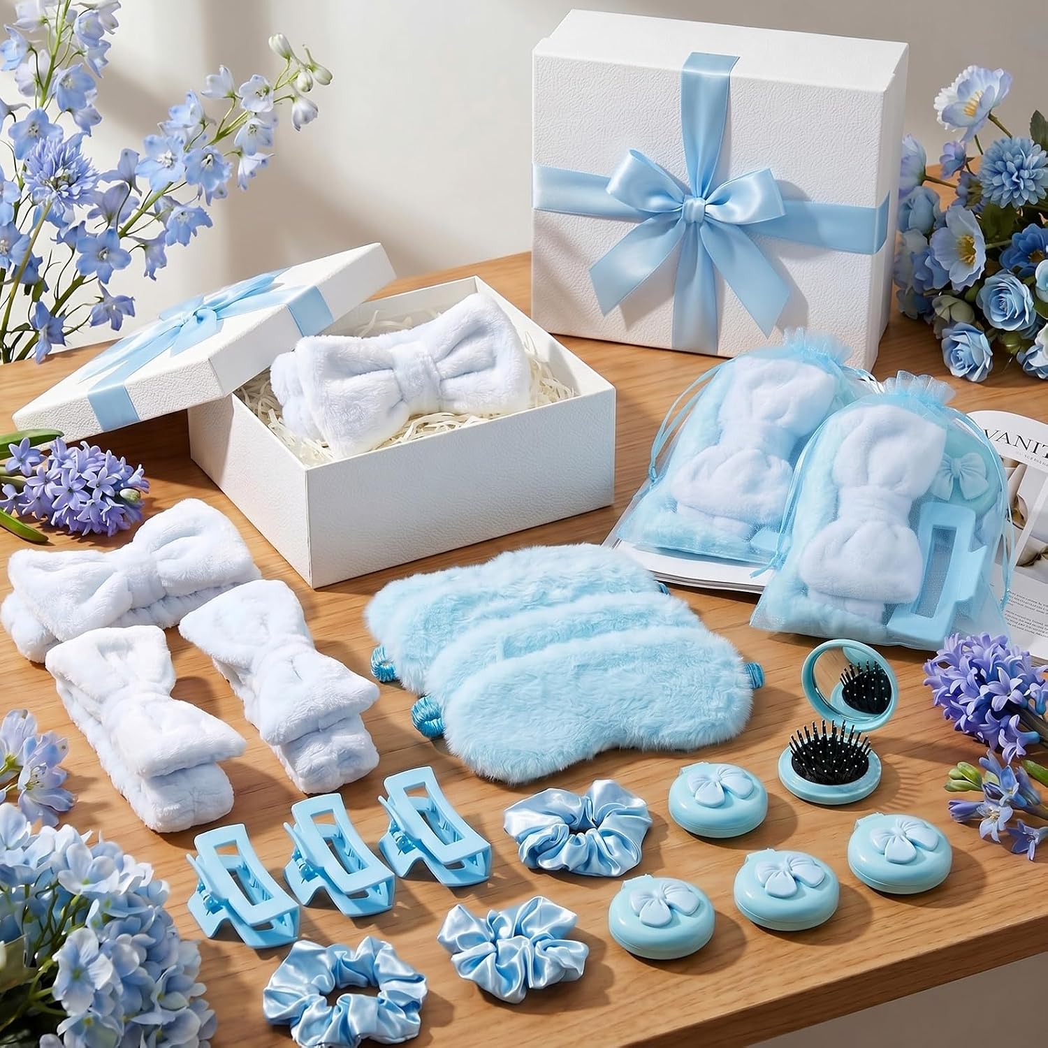 36 Pcs Spa Party Favor Set for Women, 6 Sets Sleepover Party Gift | Folding Pocket Mirror Hair Brush, Bow Headband