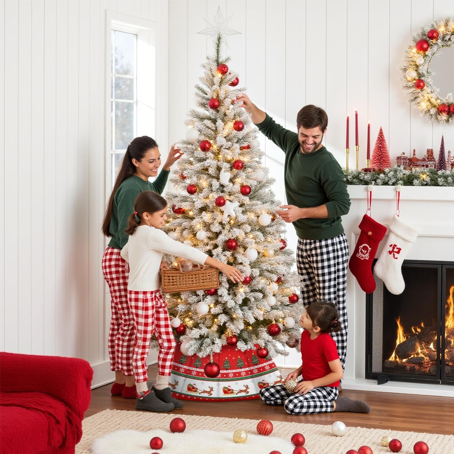 Christmas Tree Collar 25.6", Red Velvet Folable Christmas Trees Ring Skirt, Santa Claus Reindeer Snowflaks Base Stand