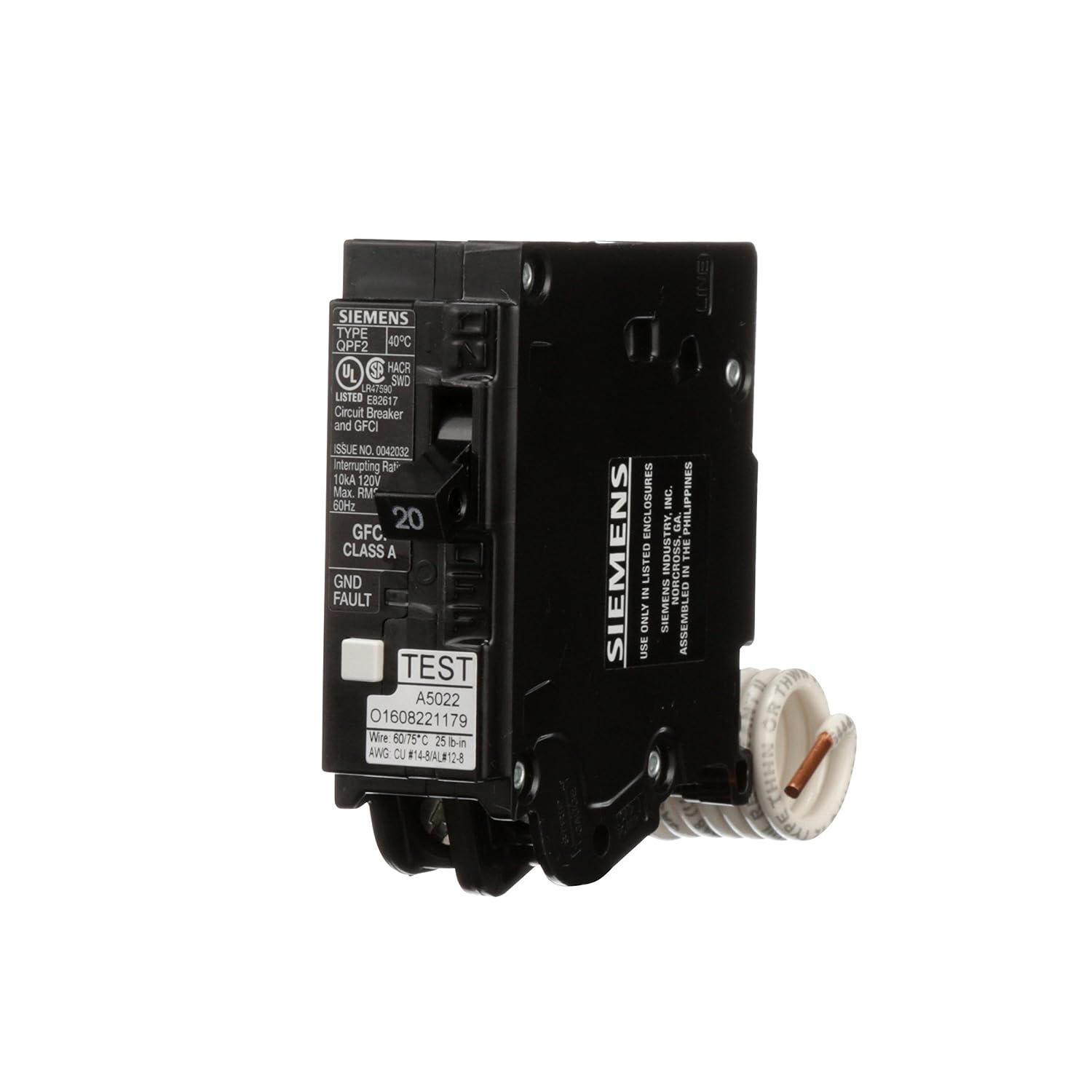 QF120A Gfci Circuit Breaker, Plug In, Self Testing, 20 Amp, 1-Pole, 120 Volt