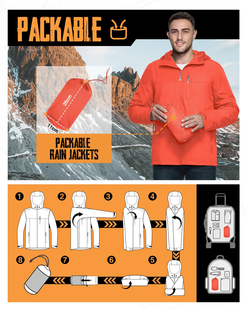 Men's Packable Rain Jacket Waterproof Raincoat with Hood