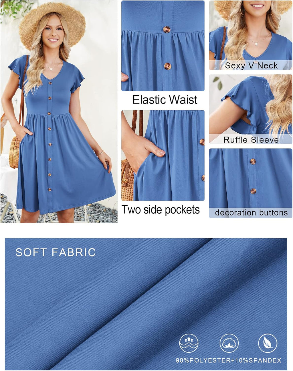 Women V Neck Ruffle Sleeve Summer Dresses with Pockets