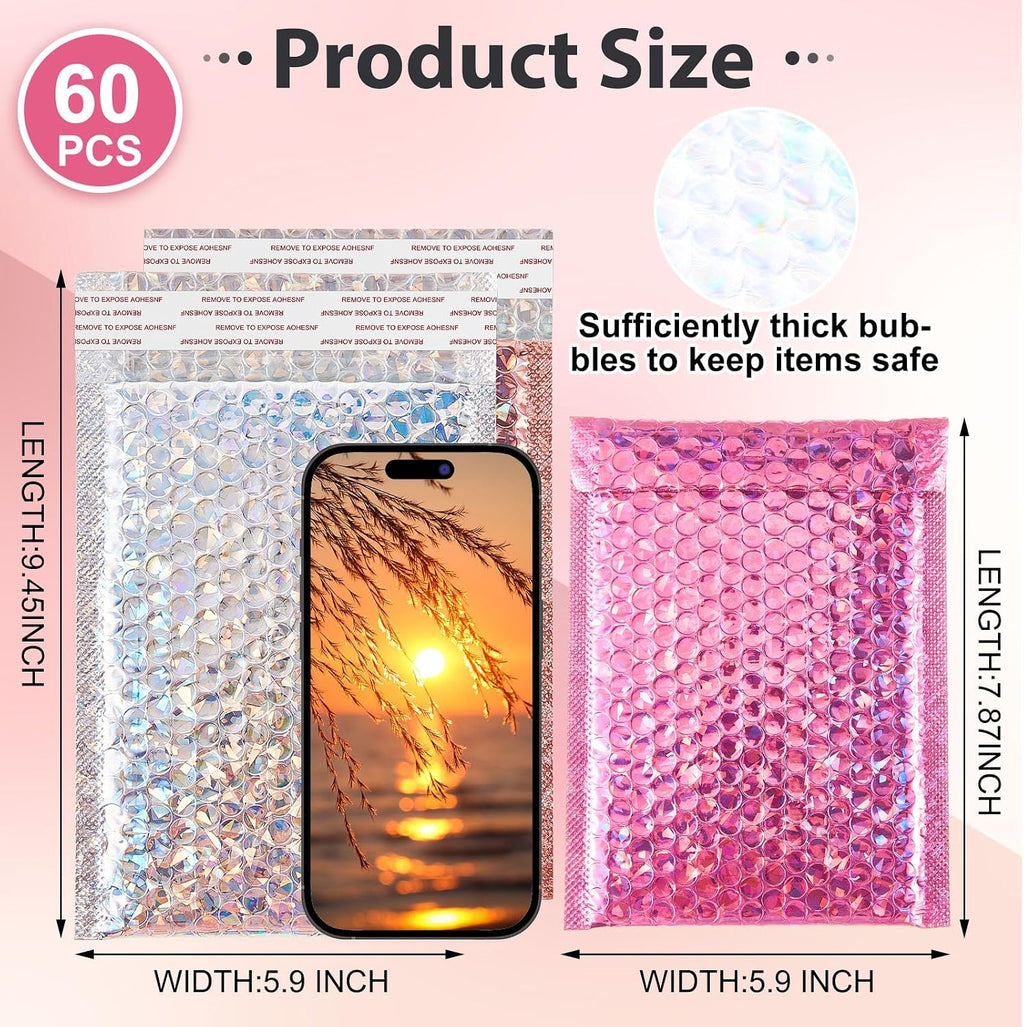 60 Pcs 6 x 9.5 Inch Holographic Bubble Mailers, Usable Size 5" x 8"