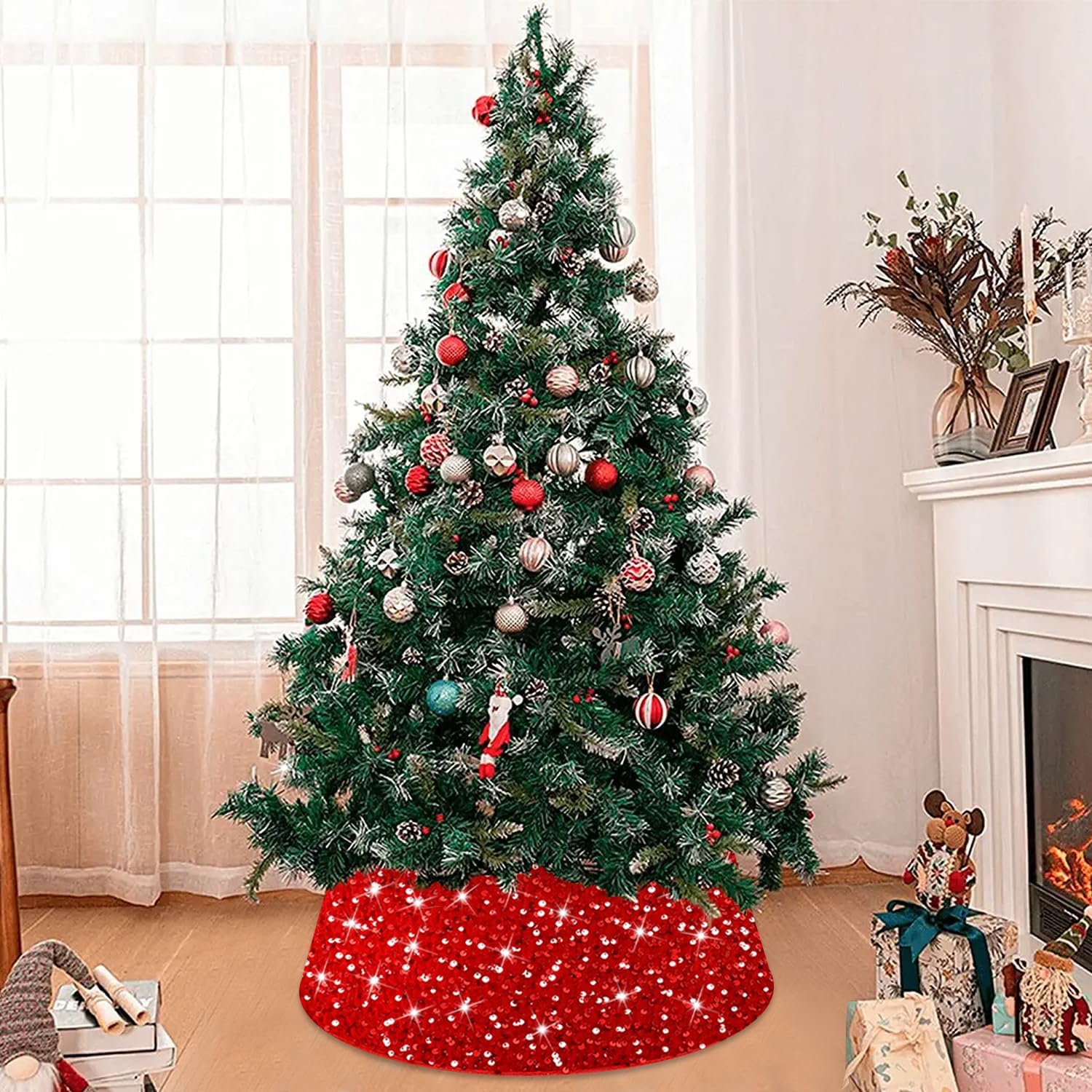 Red Christmas Tree Collar Glittery Xmas Tree Rings Sequins Christmas Tree Base 24 Inch Velvet Xmas Tree Skirt