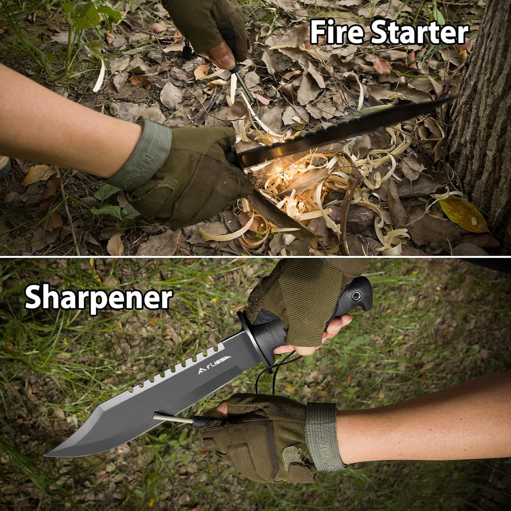 Survival Hunting Knife with Sheath, 15-inch Tactical Bowie Knife | Sharpener & Fire Starter Included, Full Tang Fixed