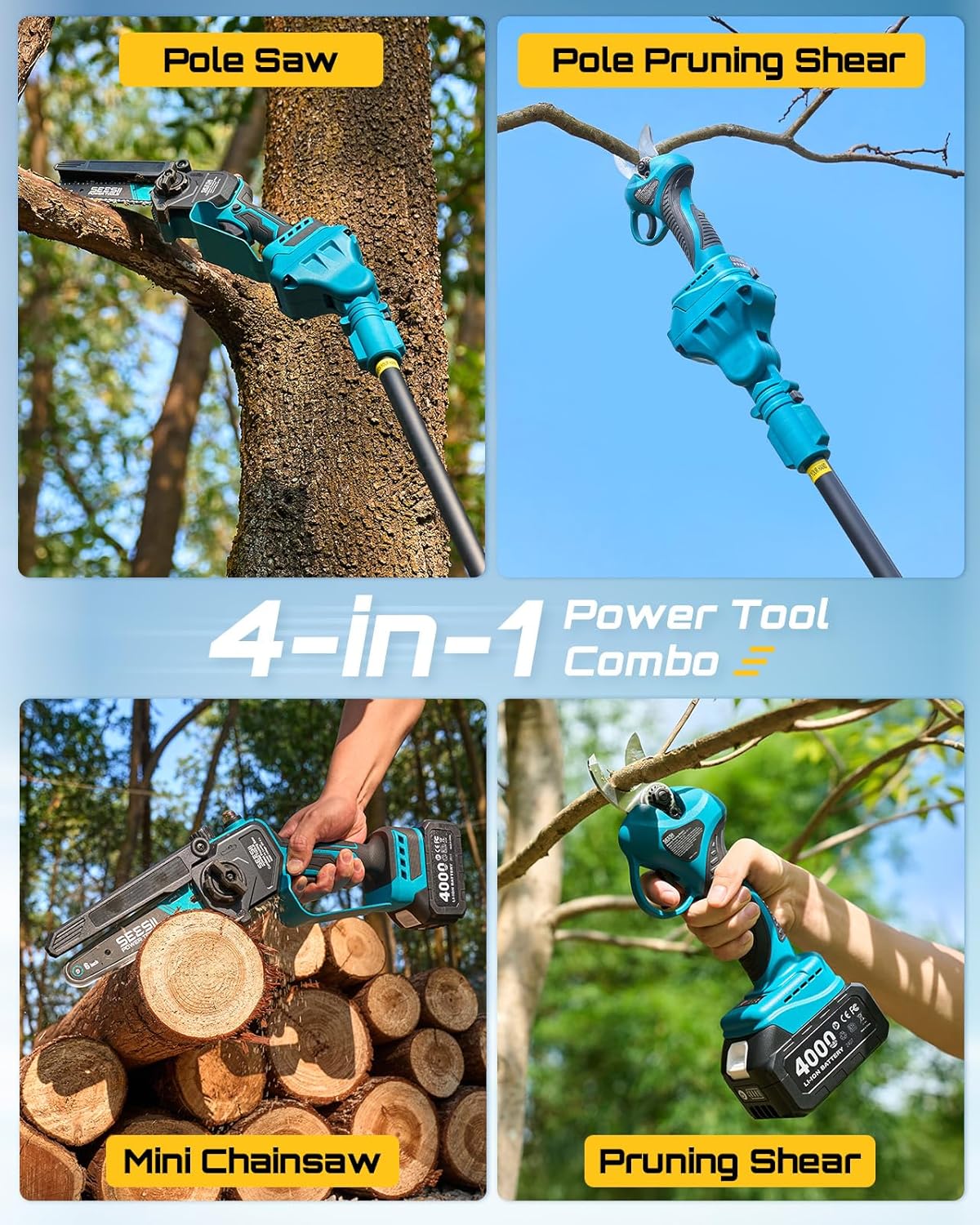4-in-1 Pole Saw & Pruning Shears Combo Kit with Brushless Motor | 2 x 4000mAh Batteries, 6" Mini Chainsaw & 1.2"