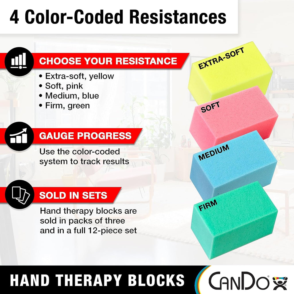 Hand Therapy Blocks - Extra-Soft Through Firm), Pack of 12 - Grip Strengthening Foam Hand Exercise Tools for Physical