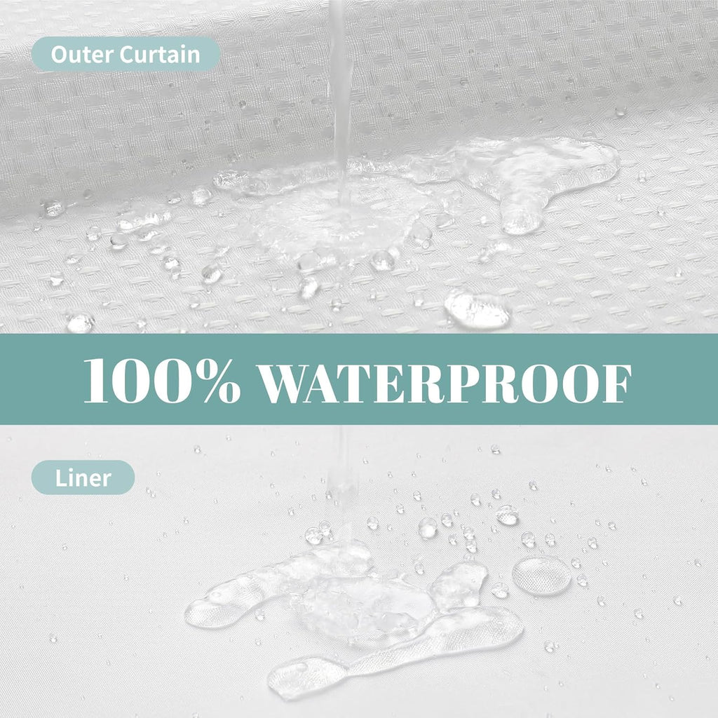 No Hook Waffle Shower Curtain with Snap-in Liner, 71x74 Inch, White | 230 GSM waffle weave fabric, waterproof liner