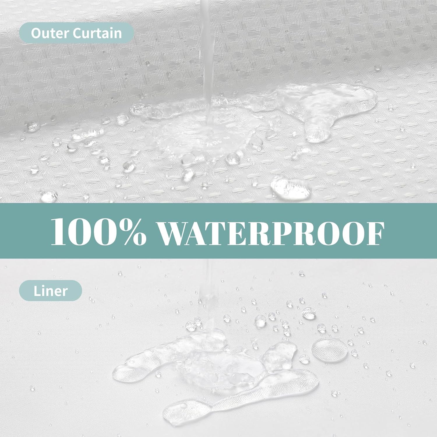 No Hook Waffle Shower Curtain with Snap-in Liner, 71x74 Inch, White | 230 GSM waffle weave fabric, waterproof liner