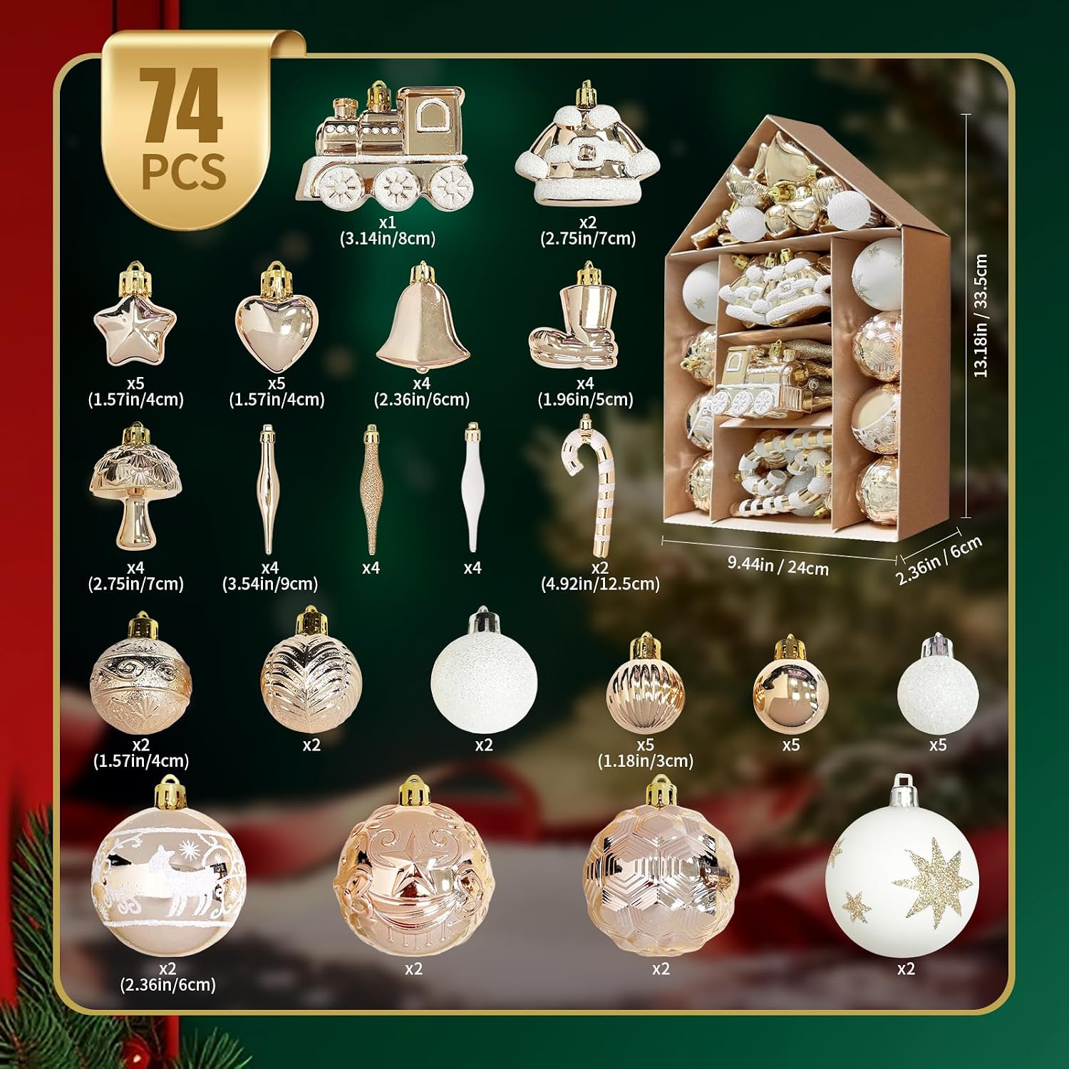 Ornaments for Christmas Trees,74 Count Gold Christmas Tree Decorations, Shatterproof Plastic Hanging Bulbs