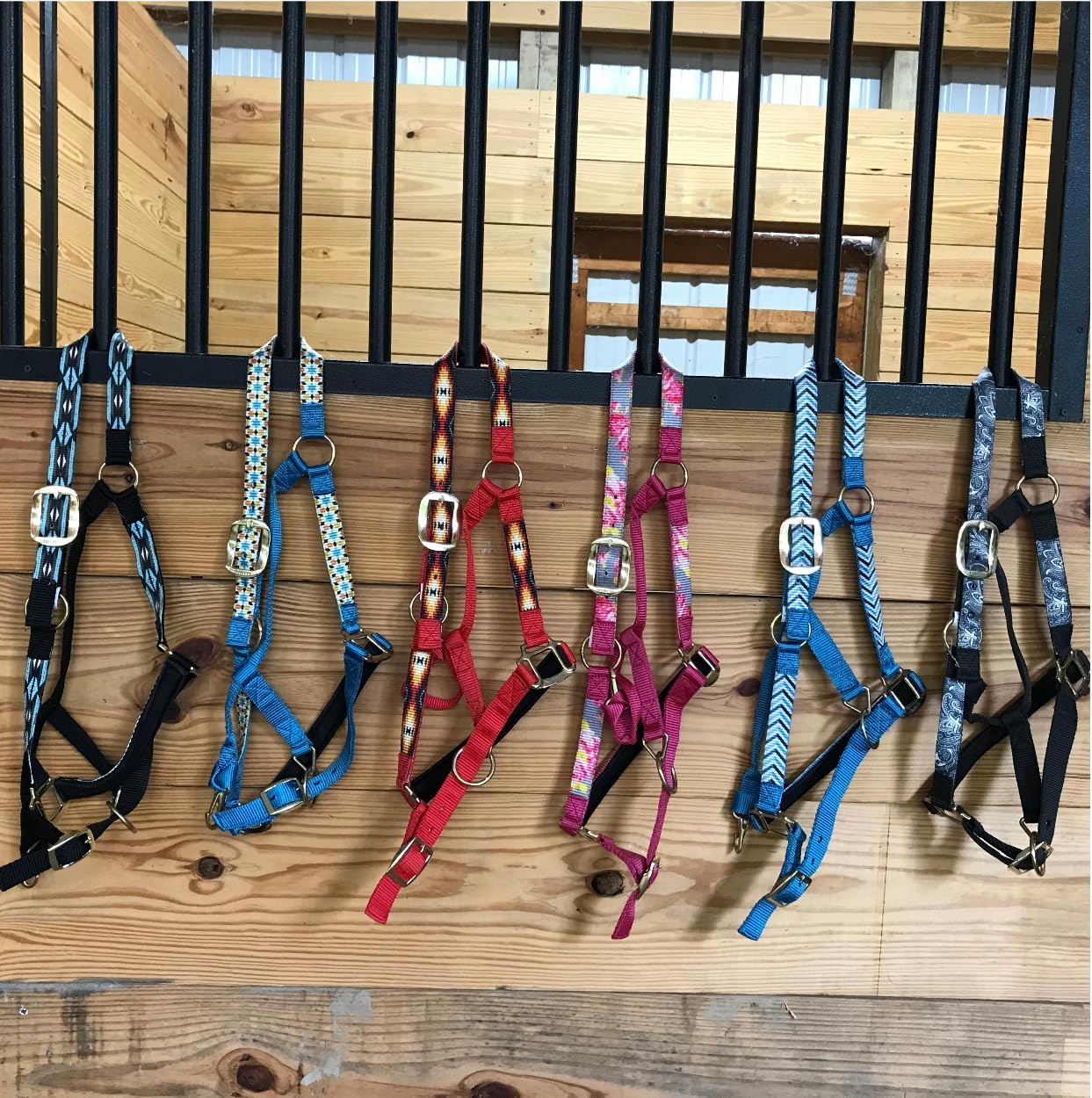 Patterned Nylon Adjustable Horse Halters with Padded Noseband and Matching 10’ Soft Grip Lead Rope with one Year