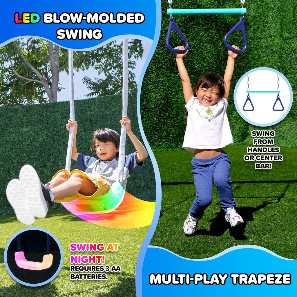 Ramona Metal Swing Set 7-in 1: 3 Swings, Climbing Ladder and net, Basketball Hoop, and 5-ft Blow Molded Slide, 700lb