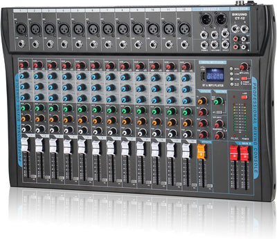 12 Channel Audio Interfacer Sound Board Mixer DJ Mixer 16-Bit DSP Effect USB Audio Mixer +48V Phantom Power Bluetooth