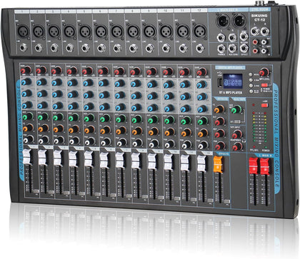 12 Channel Audio Interfacer Sound Board Mixer DJ Mixer 16-Bit DSP Effect USB Audio Mixer +48V Phantom Power Bluetooth