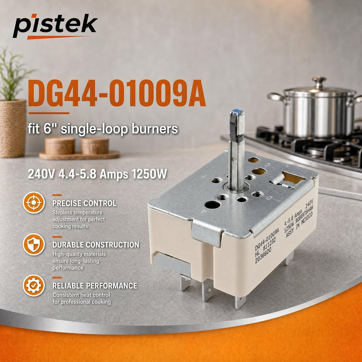 DG44-01009A Surface Element Switch for Samsung NE595R0ABSR NE595R1ABSR NE597R0ABSR Electric Range, 240V Burner Infinite Control Switch for 6" Single Loop Surface Element, Replaces 3290424