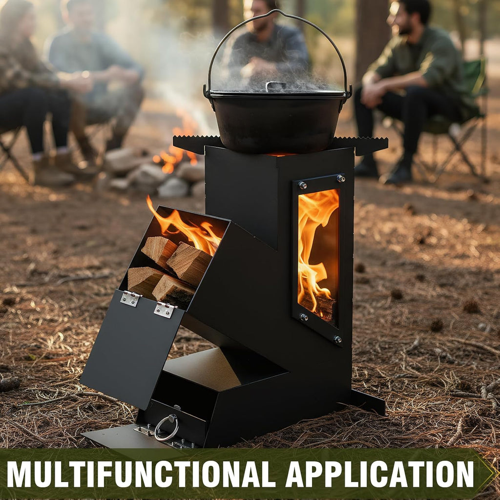 Rocket Stove with Glass Window, Portable Wood Burning Stove for Outdoor Cooking, Heavy Duty Camping Grill, Backyard