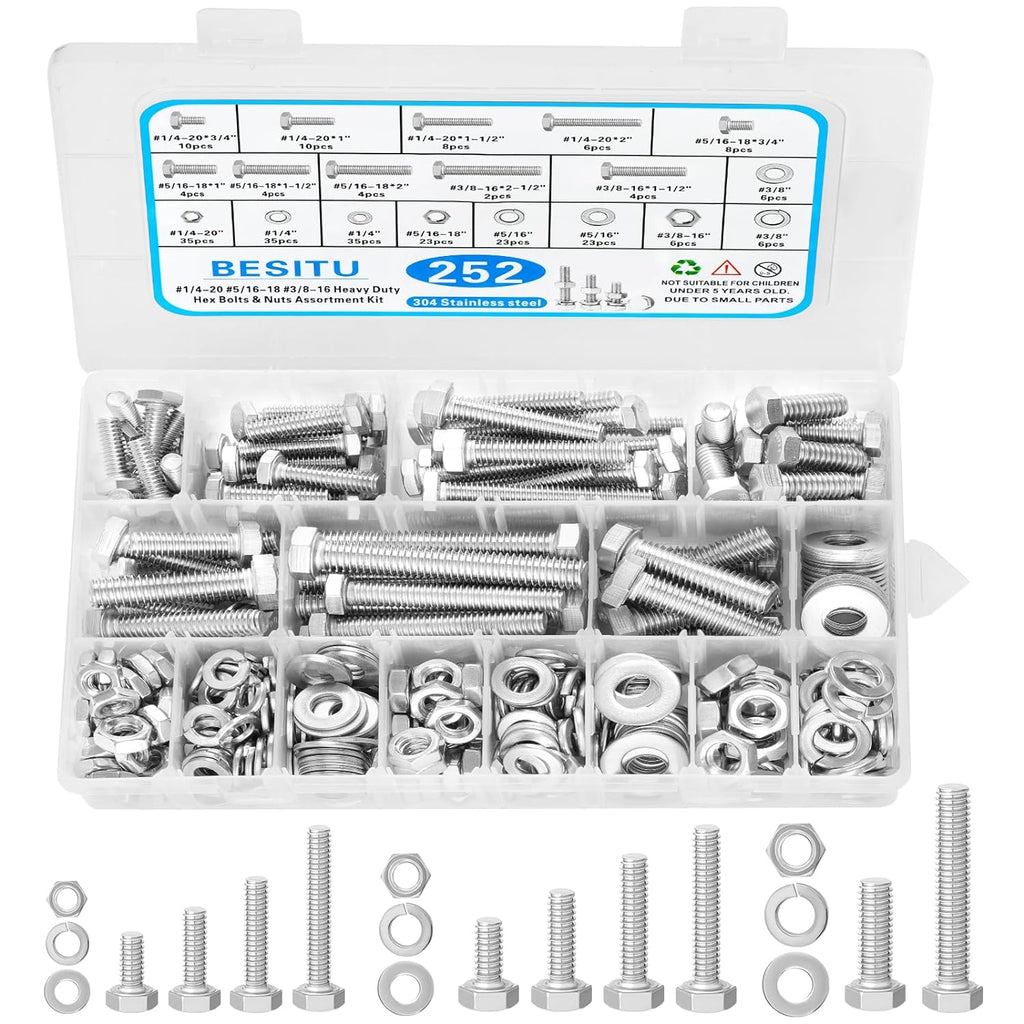 252Pcs Hex Bolts and Nuts Assortment Kit, 1/4-20, 5/16-18, 3/8-16 Assorted Bolts Nuts and Washers Kit, 304 Stainless