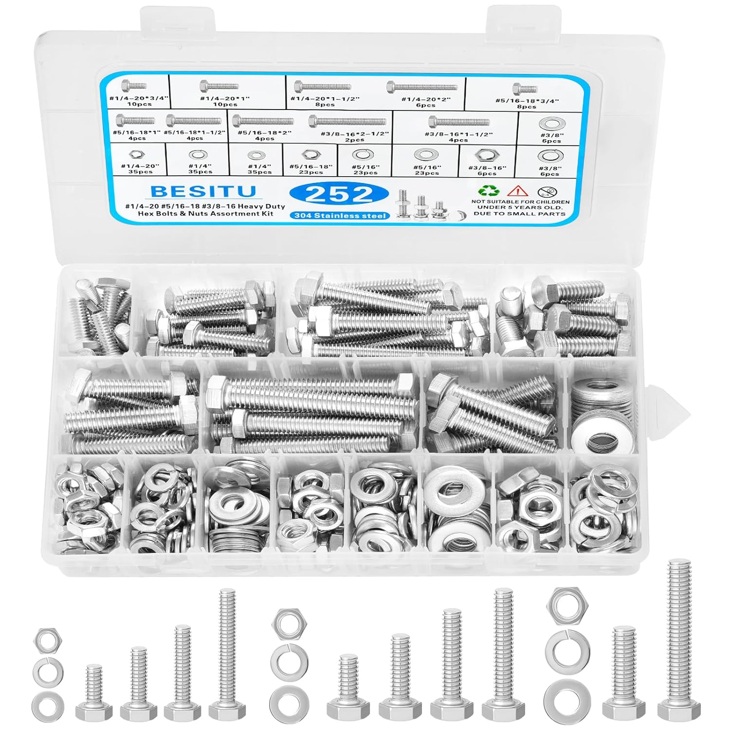 252Pcs Hex Bolts and Nuts Assortment Kit, 1/4-20, 5/16-18, 3/8-16 Assorted Bolts Nuts and Washers Kit, 304 Stainless