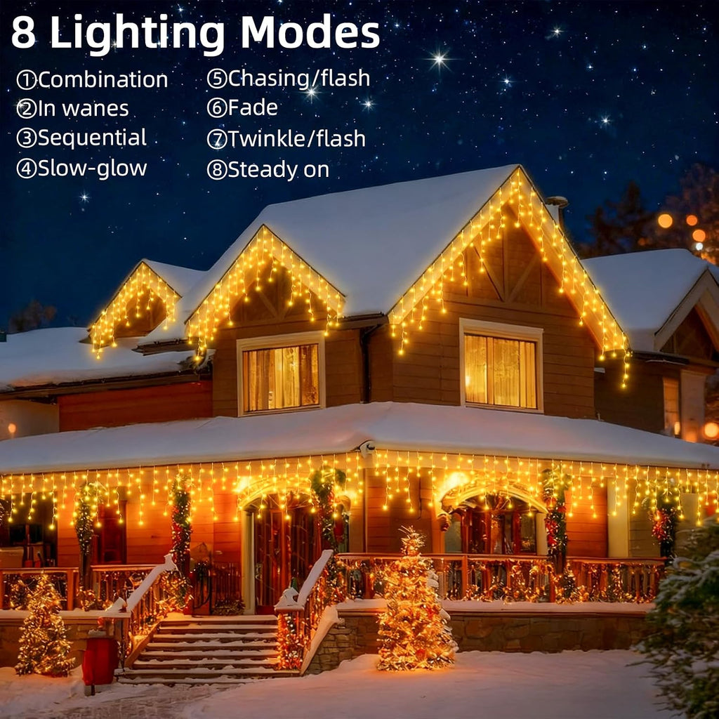 Christmas Outdoor Icicle Lights - 200 LED 21+16 FT 8 Modes Curtain Fairy String Light Plug in, Waterproof for Eaves