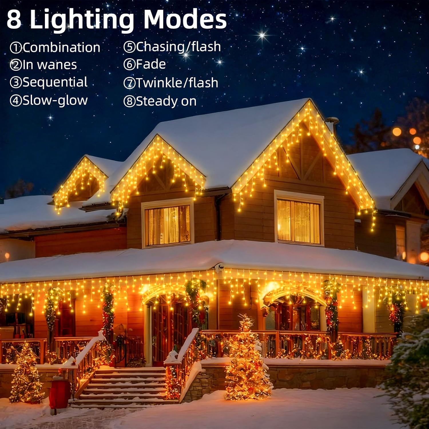 Christmas Outdoor Icicle Lights - 200 LED 21+16 FT 8 Modes Curtain Fairy String Light Plug in, Waterproof for Eaves