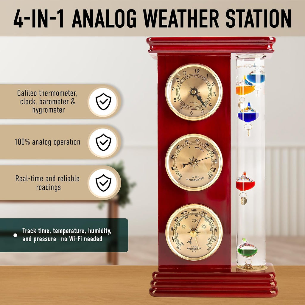 Classic Analog Weather Station with Galileo Thermometer,Barometer,Hygrometer,and Precision Quartz Clock.Home