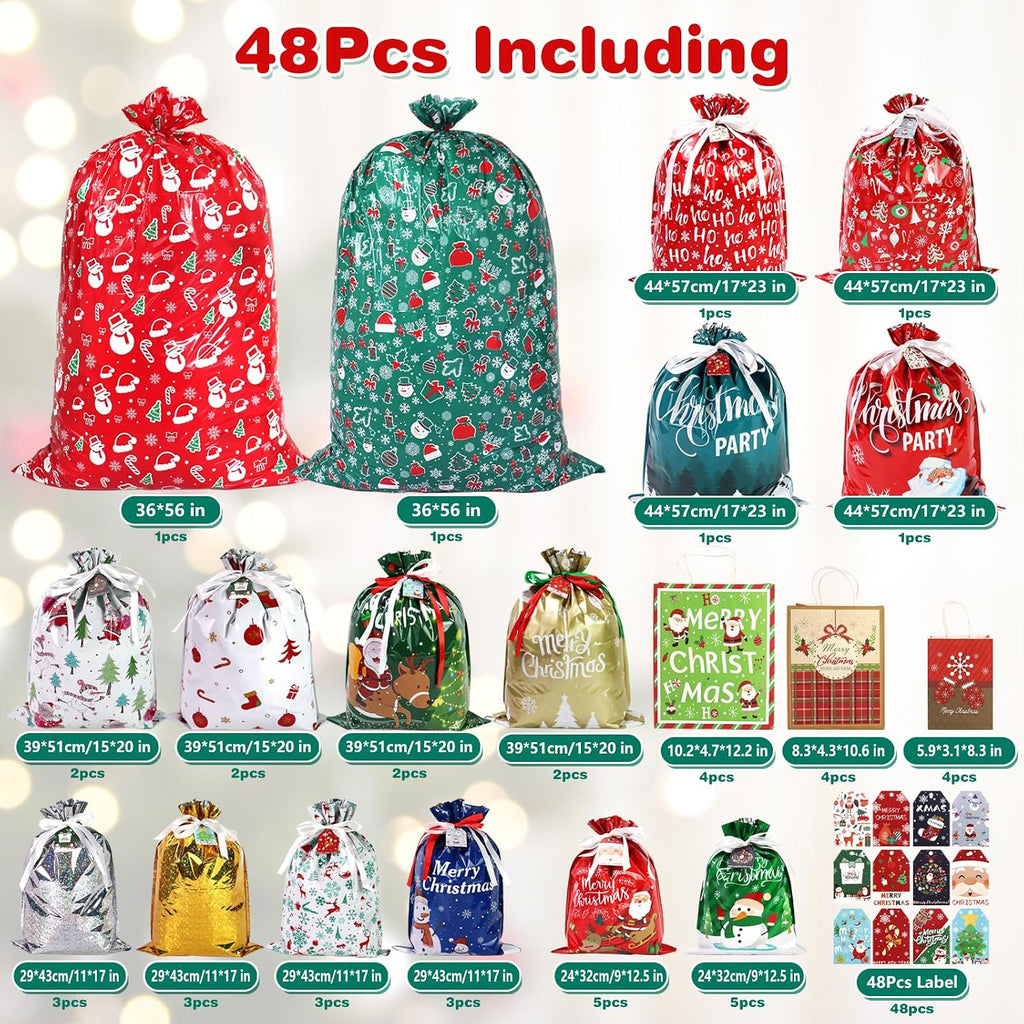 Christmas Gift Bags Bulk 48 Pack,Drawstring Christmas Bags Assorted Sizes
