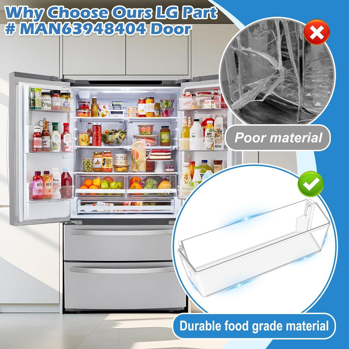 2PCS MAN63948404 Refrigerator Door Bin Shelf for LG Door Shelf Replacement