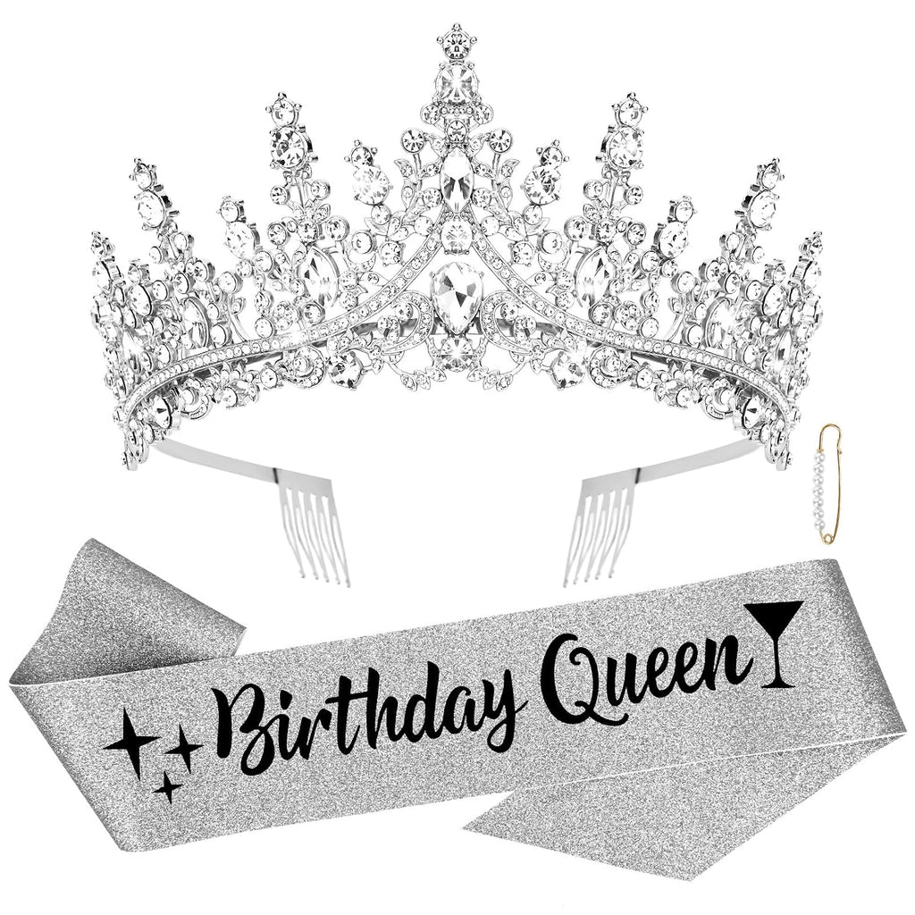 Birthday Queen Crown and Sash Set, Crystal Rhinestone Tiara, Silver Glitter Birthday Party Accessories Crown Princess