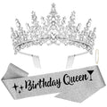 Birthday Queen Crown and Sash Set, Crystal Rhinestone Tiara, Silver Glitter Birthday Party Accessories Crown Princess