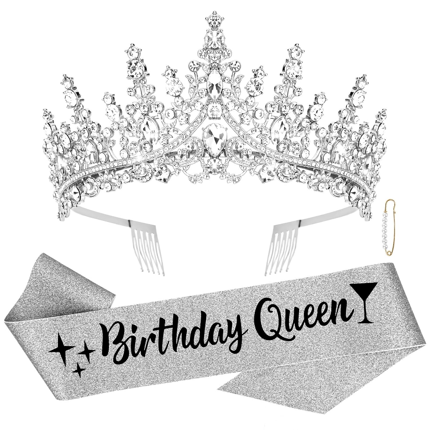Birthday Queen Crown and Sash Set, Crystal Rhinestone Tiara, Silver Glitter Birthday Party Accessories Crown Princess
