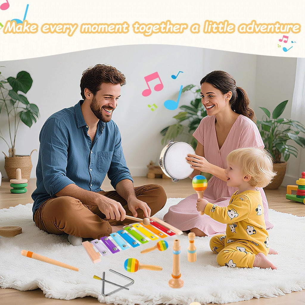 Montessori Wooden Musical Instruments for Toddlers, Educational Baby Drum Set with Xylophone & Maracas and More