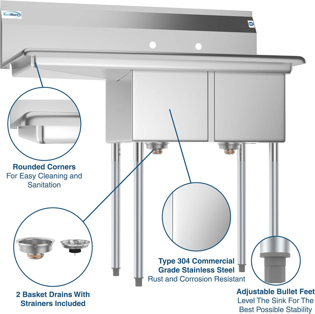 2 Compartment Stainless Steel NSF Commercial Kitchen Prep & Utility Sink with Drainboard - Bowl Size 12" x 16" x 10"