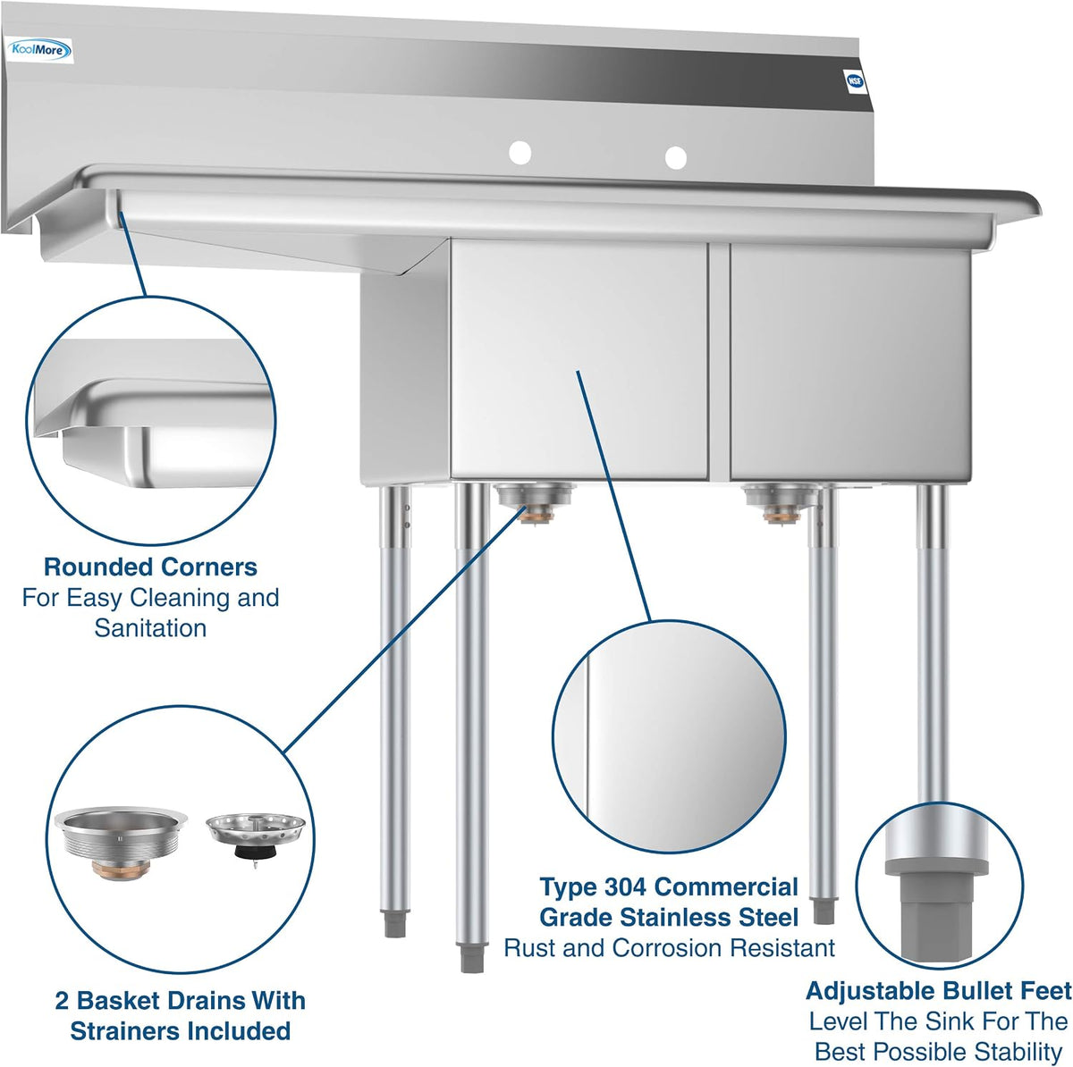 2 Compartment Stainless Steel NSF Commercial Kitchen Prep & Utility Sink with Drainboard - Bowl Size 12" x 16" x 10"